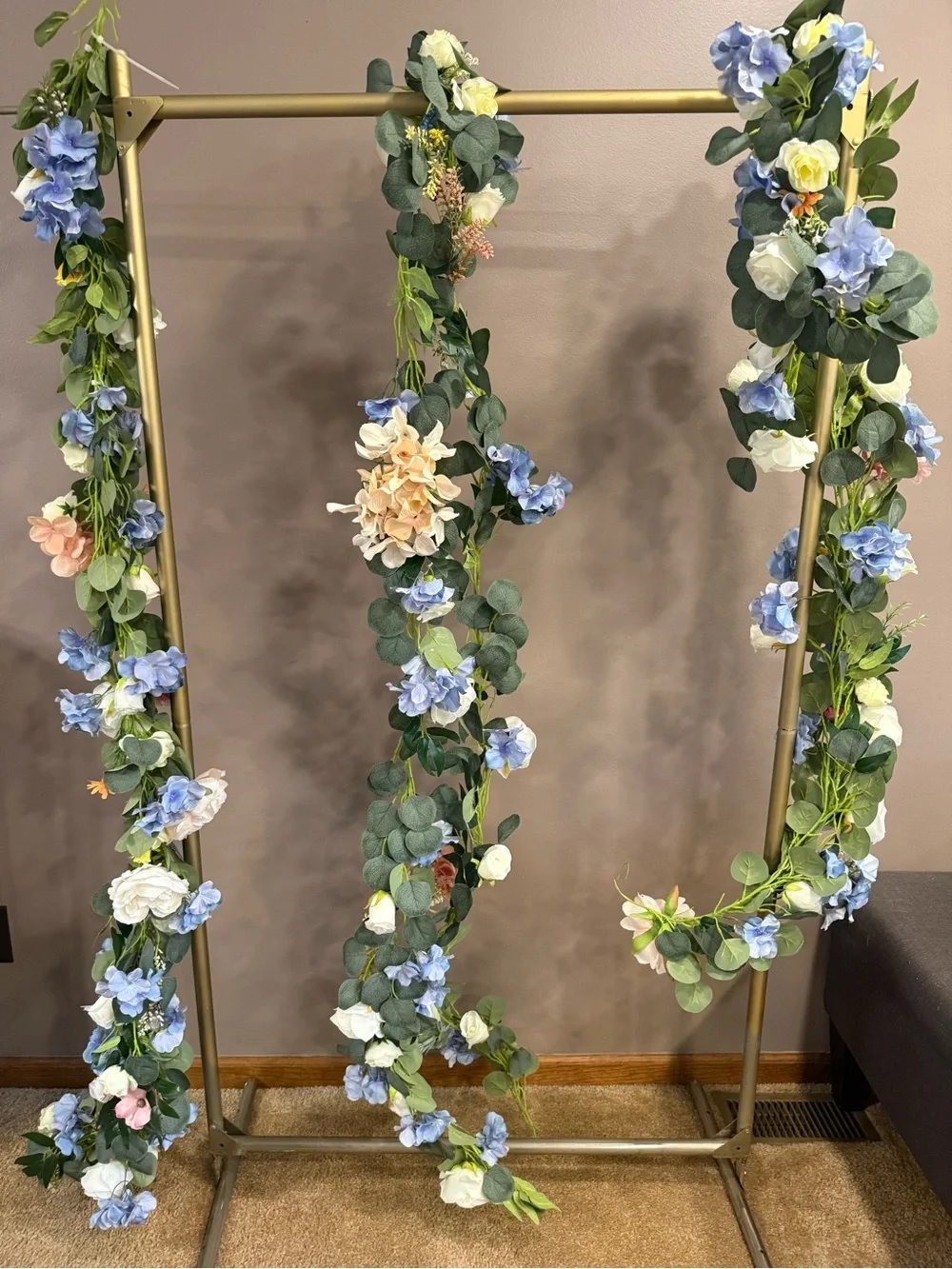 4-Floral Artificial Eucalyptus Garland with Blue Hydrangeas and Roses